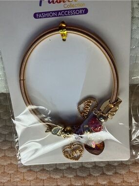 Gold Charm Bracelet Heart Dangle Pink Red Beads Love Jewelry